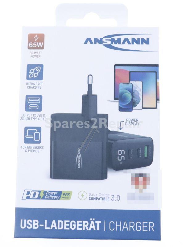 Ansmann Usb Power Supplies - Hc365pd 1001-0150 Gan Charger 65w 2x Usb-c 1x Usb-a Pd Qc Pps With Display