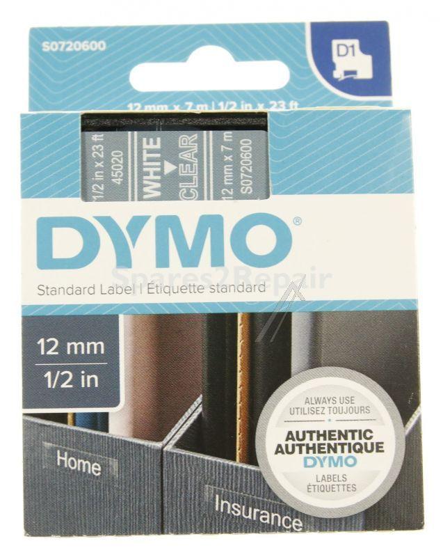 Dymo Colour Cartridge - S0720600 Label Tape White On Transparent 12mm-7m Dymo D1 Tape